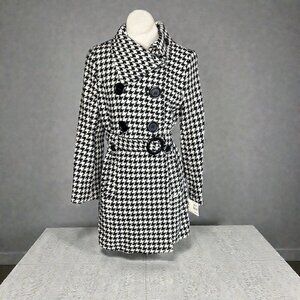 Esprit Pea Coat Black Houndstooth Double Breasted Belted Size Med NWT
